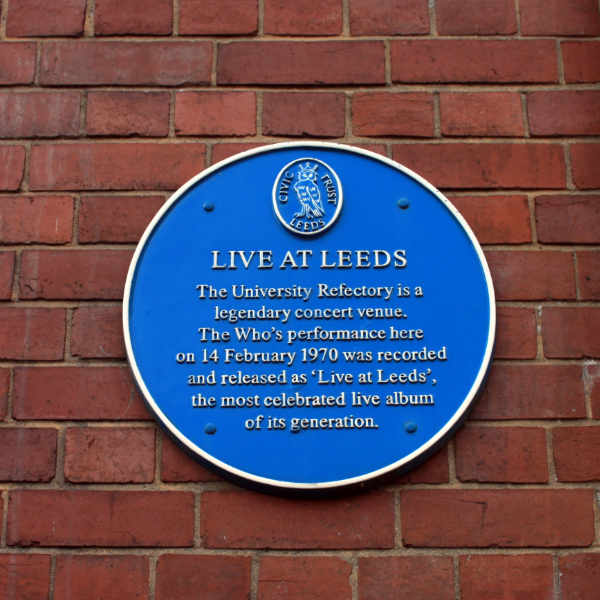 Blue plaque at Refectory Leeds reminding of The Who's legendary album Live at Leeds