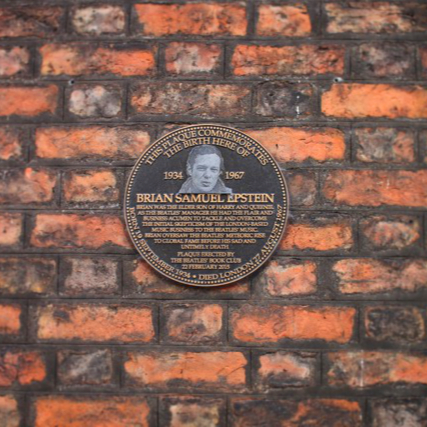 Birthplace of Brian Epstein in Liverpool: a plaque outside the building reminds of his birth in 1934